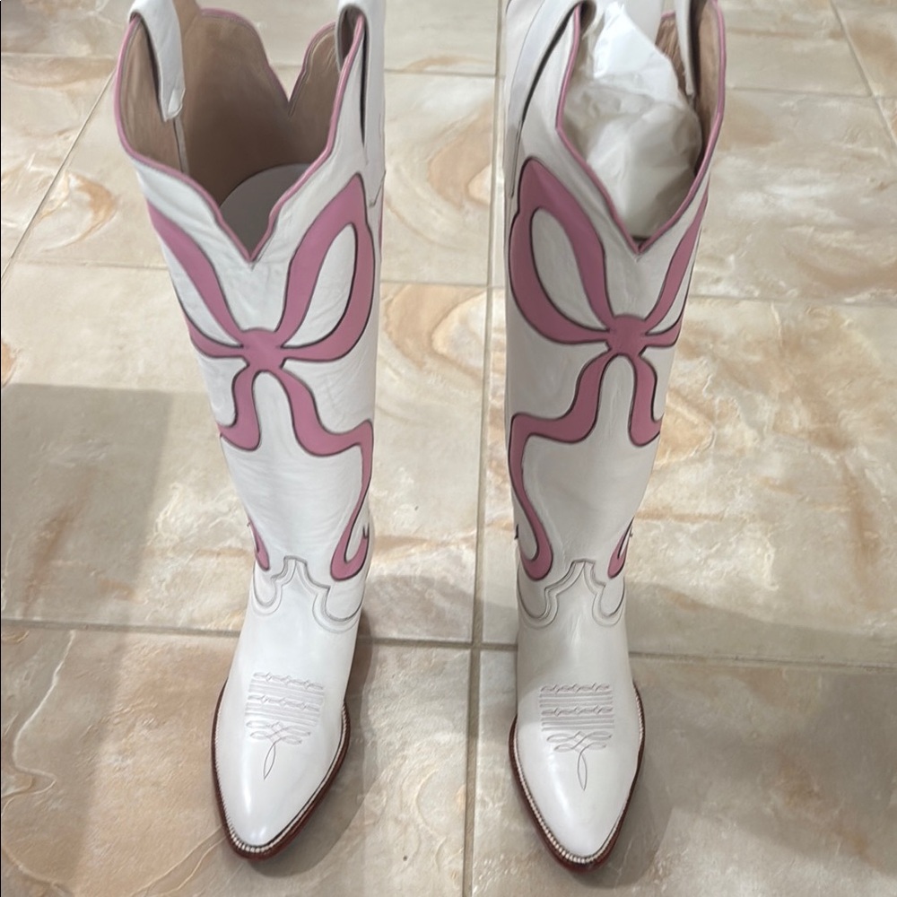 Women's Pink and White Western Boots